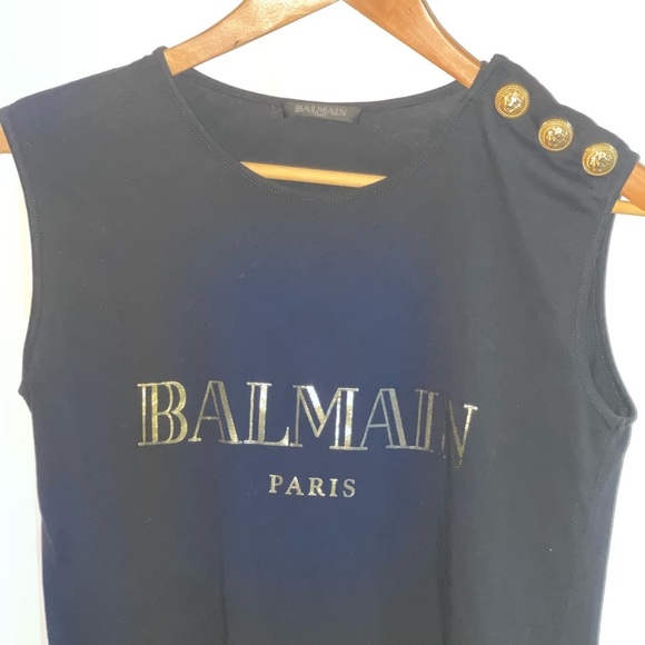 BALMAIN Tank Top Black Gold Graphic Print Heavy Gold Hardware Sleeveless Sz 36/4 - Picture 5 of 14